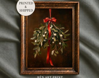 Vintage Mistletoe Print: Moody Christmas Botanical Wall Art (Printed & Shipped)
