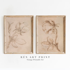 Set di stampe da parete vintage neutre, set antico di due fiori, arte da parete stampabile, set di galleria di disegni di fiori, stampa digitale di schizzo botanico