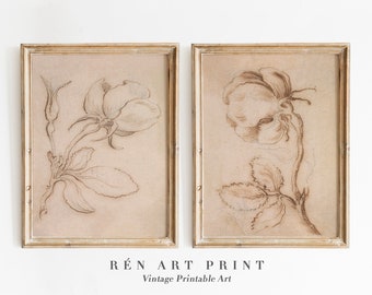 Antique Flower Sketch Print Set | Vintage Botanical Gallery Wall (Digital Download)