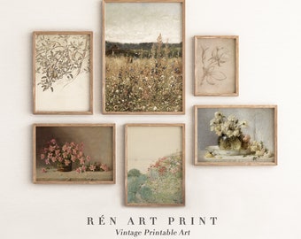 May include: A set of six vintage botanical prints in wooden frames. The prints feature various floral arrangements, including a field of wildflowers, a bouquet of white flowers in a vase, and a branch of leaves.