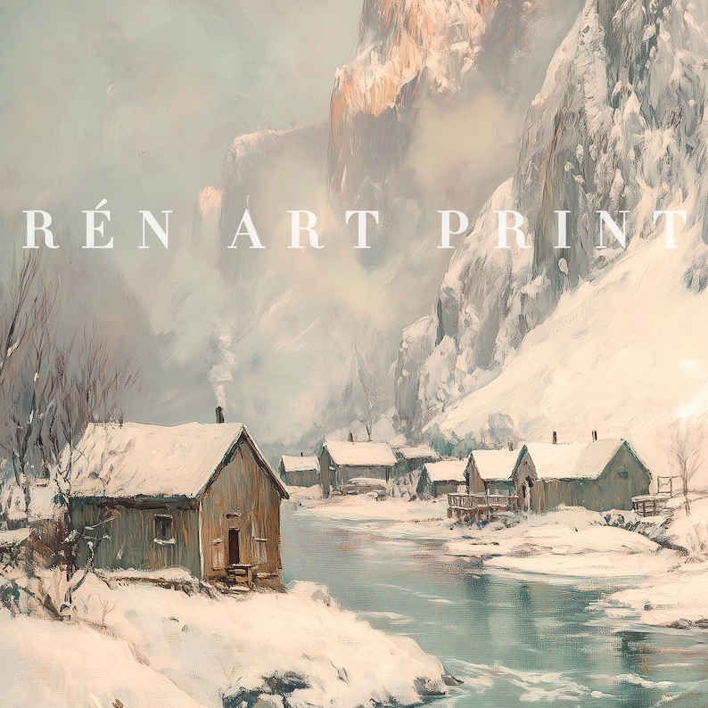 Vintage Snowy Mountain Village Painting | Winter Landscape Art (digital ...