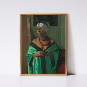 Puede incluir: Retrato enmarcado de una mujer con un turbante blanco, un chal verde y negro y un collar de cuentas rojas. La pintura tiene un marco dorado y un fondo verde y marr&oacute;n.