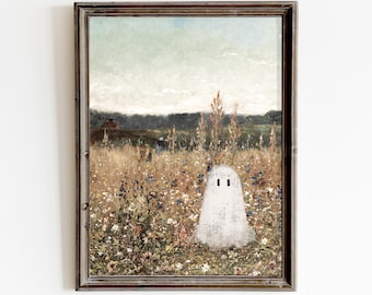 Lámina vintage de fantasmas de Halloween / Pintura de pradera tenebrosa (Descarga digital)