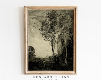 Vintage Landscape Sketch Print | Moody Cottagecore Wall Art (Digital Download)