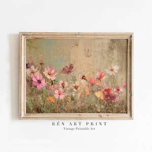 May include: A vintage painting of a field of pink and white cosmos flowers with a green and brown background. The painting is framed in a light wood frame. The text "RÉN ART PRINT Vintage Printable Art" is below the frame.