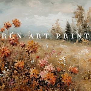 Puede incluir: Una pintura de un campo de flores silvestres de color naranja y amarillo con un cielo nublado en el fondo. El texto "RENART PRINT" es visible en el centro de la imagen.