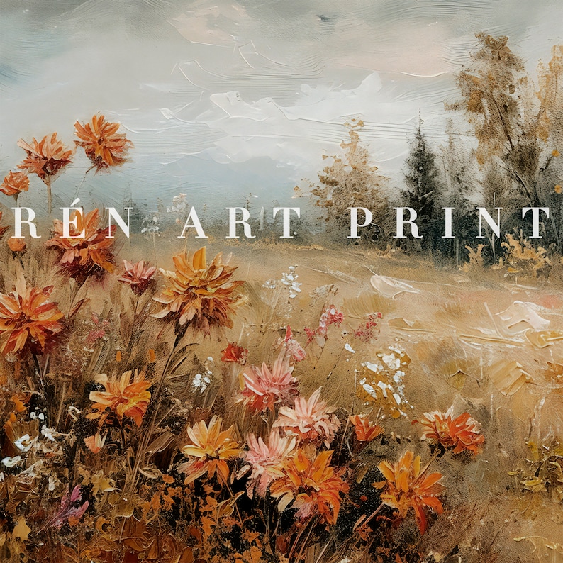 Puede incluir: Una pintura de un campo de flores silvestres de color naranja y amarillo con un cielo nublado en el fondo. El texto "RENART PRINT" es visible en el centro de la imagen.