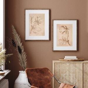 May include: Two framed black and white botanical illustrations of roses on a light brown wall. The frames are brown wood and the illustrations are on a cream background.