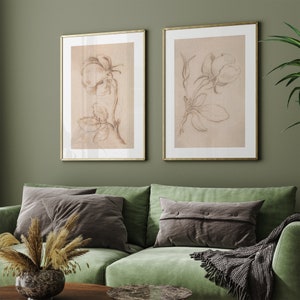 May include: Two framed drawings of botanical illustrations. The drawings are in black and white and feature detailed sketches of roses. The frames are gold and have a simple design.