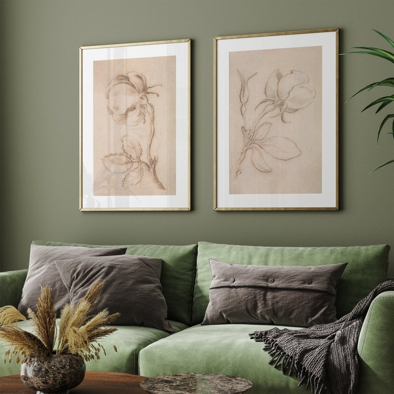 May include: Two framed drawings of botanical illustrations. The drawings are in black and white and feature detailed sketches of roses. The frames are gold and have a simple design.
