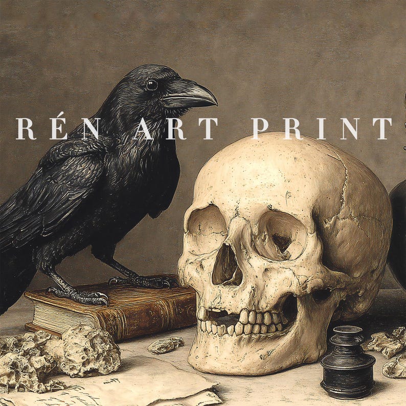 May include: A vintage-style print featuring a black crow perched near a human skull. A closed book, small rocks, and an inkwell are also present. The text "R&Eacute;N ART PRINTS" is visible at the top. The artwork has a gothic or macabre theme.