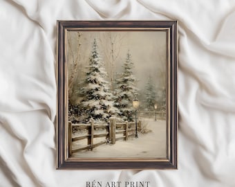 Vintage Snowy Pine Tree Painting: Rustic Winter Art (Digital Download)