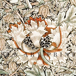 May include: A vintage floral pattern with a large white flower with a red center and black accents. The background is filled with smaller flowers and leaves in shades of green, brown, and blue.