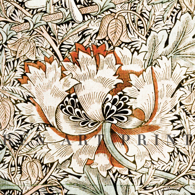May include: A vintage floral pattern with a large white flower with a red center and black accents. The background is filled with smaller flowers and leaves in shades of green, brown, and blue.