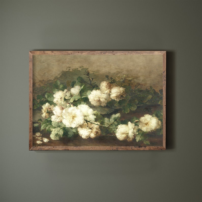May include: A vintage oil painting depicting a still life of white roses with green leaves on a brown background.