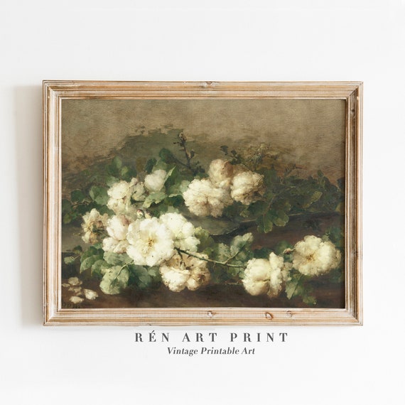 Vintage White Roses Painting | Antique Floral Art (Digital Download)