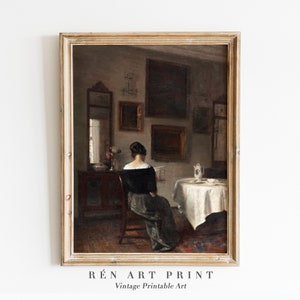 May include: A vintage painting of a woman sitting in a chair in a room with a table and chairs. The woman is wearing a black dress and is reading a book. The room is decorated with paintings and mirrors.