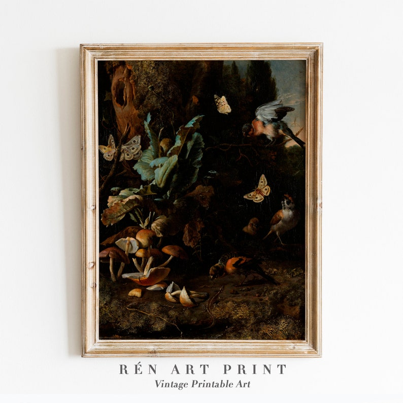 May include: A vintage painting of a forest scene with mushrooms, birds, and butterflies. The painting is framed in a light wood frame.