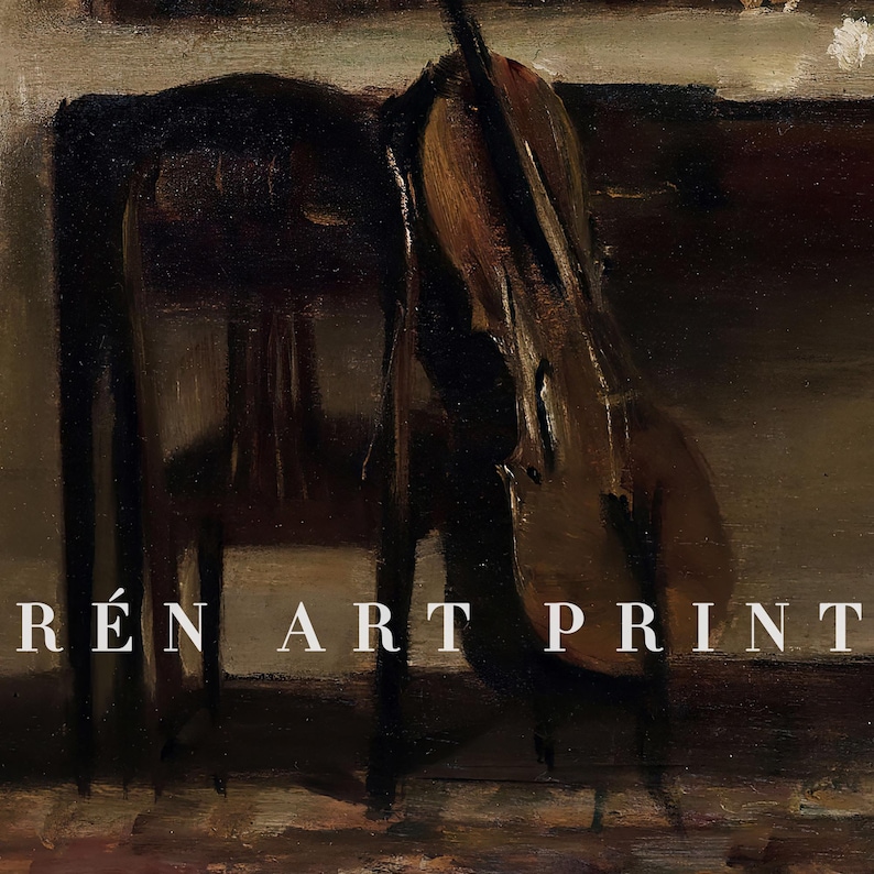 May include: An oil painting style art print featuring a dark brown cello leaning against a wooden chair. The composition uses deep shadows and muted tones to depict the instrument and furniture. The text R&Eacute;N ART PRINT is centered at the bottom.