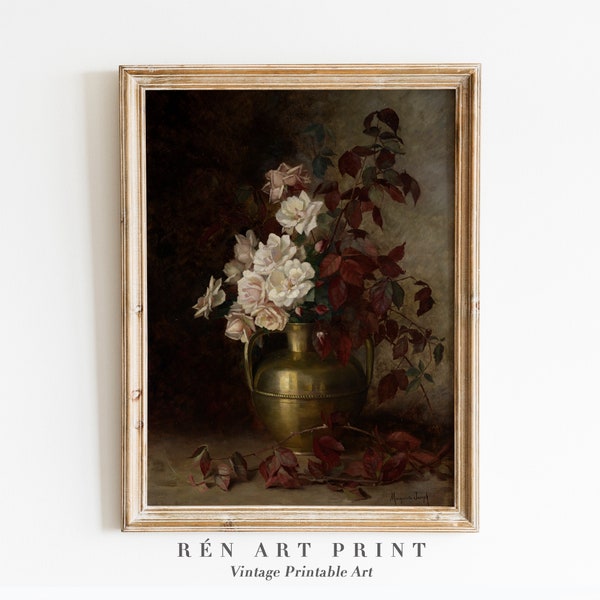 Moody Flower Painting | Printable Wall Art | Vintage Floral Wall Art | Antique Art Print | Farmhouse Wall Art | Moody Botanical Oil Painting