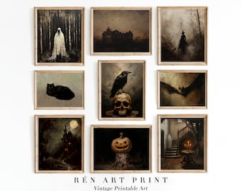 Könnte beinhalten: Neun gerahmte Vintage-Kunstdrucke mit Halloween-Motiven. Die Drucke zeigen einen Geist in einem Wald, ein Spukhaus, eine Hexe, eine schwarze Katze, einen Raben auf einem Schädel, eine Fledermaus, ein Schloss, einen Kürbis und eine gruselige Treppe. Der Text "RÉN ART PRINT Vintage Printable Art" steht unten.