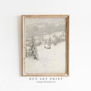 Antik vintertryck | Snölandskapsmålning utskrivbar konst | Neutral vintageväggkonst | Vintermålningstryck | Rustik julväggkonst