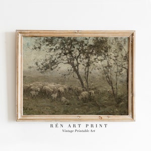 Sheep Painting Printable Wall Art | Cottage Landscape Print | Vintage Summer Wall Art | Farm Animal Digital Download Antique Farmhouse Print