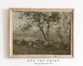 Sheep Painting Printable Wall Art | Cottage Landscape Print | Vintage Summer Wall Art | Farm Animal Digital Download Antique Farmhouse Print