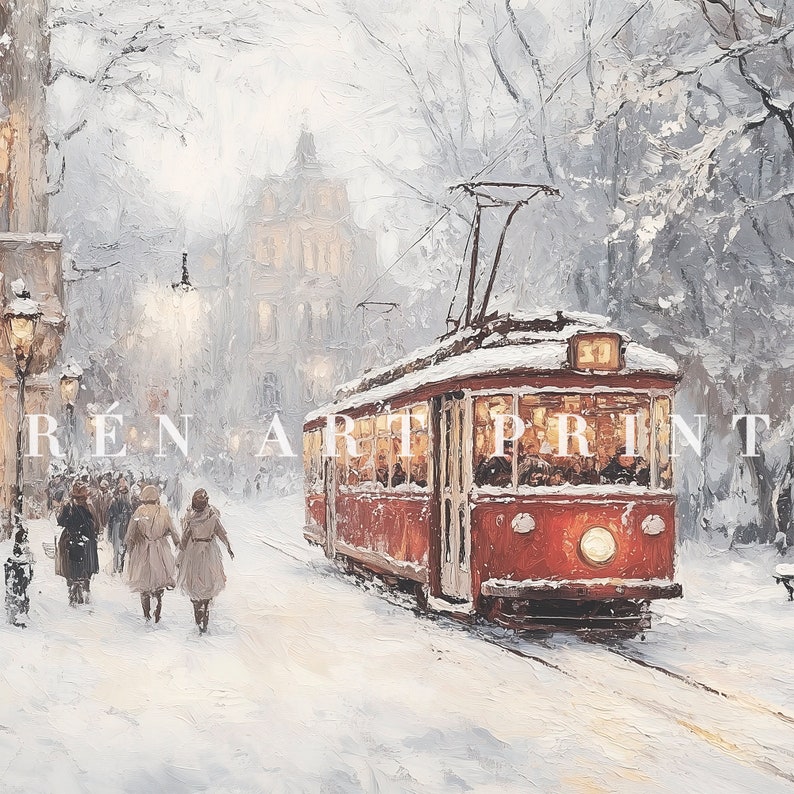 May include: An oil painting depicts a snowy winter scene with a red trolley car on tracks. People walk along the snow-covered street, and the buildings are partially obscured by falling snow. The text "R&Eacute;N ART PRINT" is visible.