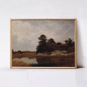 May include: A painting depicting a landscape with a river in the foreground and trees in the background. The sky is cloudy and the water is still. The colours are muted and the overall tone is peaceful.