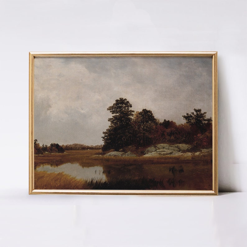 May include: A painting depicting a landscape with a river in the foreground and trees in the background. The sky is cloudy and the water is still. The colours are muted and the overall tone is peaceful.