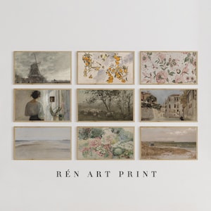 May include: Nine framed art prints with vintage-style landscape and floral paintings. The prints feature muted colors, including beige, gray, and soft pink. The text "R&Eacute;n ART PRINT" is at the bottom.