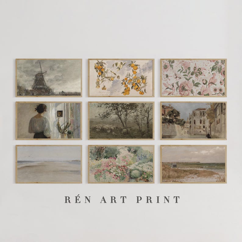 May include: Nine framed art prints with vintage-style landscape and floral paintings. The prints feature muted colors, including beige, gray, and soft pink. The text "R&Eacute;n ART PRINT" is at the bottom.