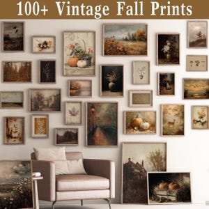 May include: A collection of framed vintage-style wall art prints featuring fall themes, including pumpkins, autumn landscapes, forests, wildlife, and botanical illustrations, displayed on a wall with the text 100+ Vintage Fall Prints.