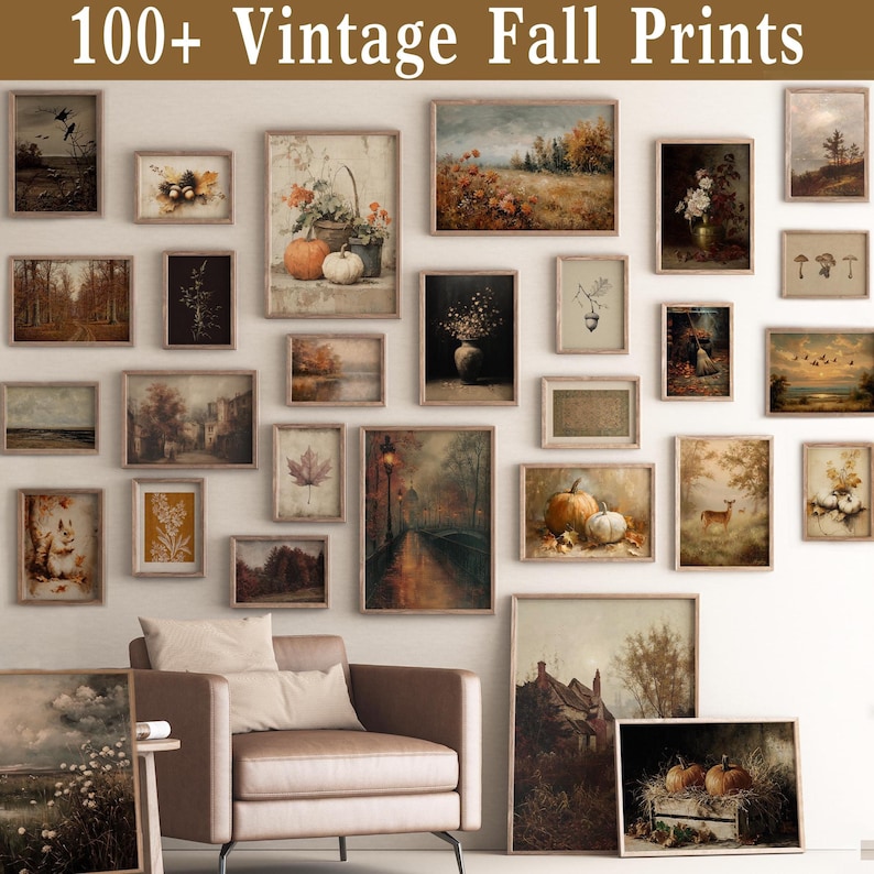 May include: A collection of framed vintage-style wall art prints featuring fall themes, including pumpkins, autumn landscapes, forests, wildlife, and botanical illustrations, displayed on a wall with the text 100+ Vintage Fall Prints.