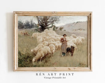 Vintage Shepherd Painting | Printable Wall Art | Sheeps Pasture Art Print | Antique Countryside Wall Decor | Farm Animal Digital Download