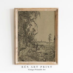Vintage Landscape Sketch Print | Moody Cottagecore Landscape Drawing Printable Art | Farmhouse Wall Art | Antique Sketch Digital Download