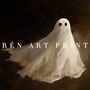 Puede incluir: Una impresi&oacute;n art&iacute;stica digital que presenta un fantasma blanco con dos agujeros negros para los ojos sobre un fondo marr&oacute;n oscuro. El texto "R&Eacute;N ART PRINT" se muestra en blanco en la parte inferior. La obra tiene un estilo pict&oacute;rico.