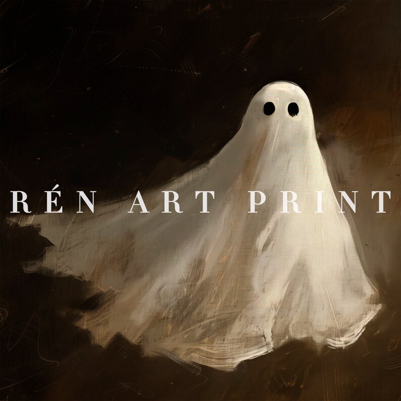 Puede incluir: Una impresi&oacute;n art&iacute;stica digital que presenta un fantasma blanco con dos agujeros negros para los ojos sobre un fondo marr&oacute;n oscuro. El texto "R&Eacute;N ART PRINT" se muestra en blanco en la parte inferior. La obra tiene un estilo pict&oacute;rico.