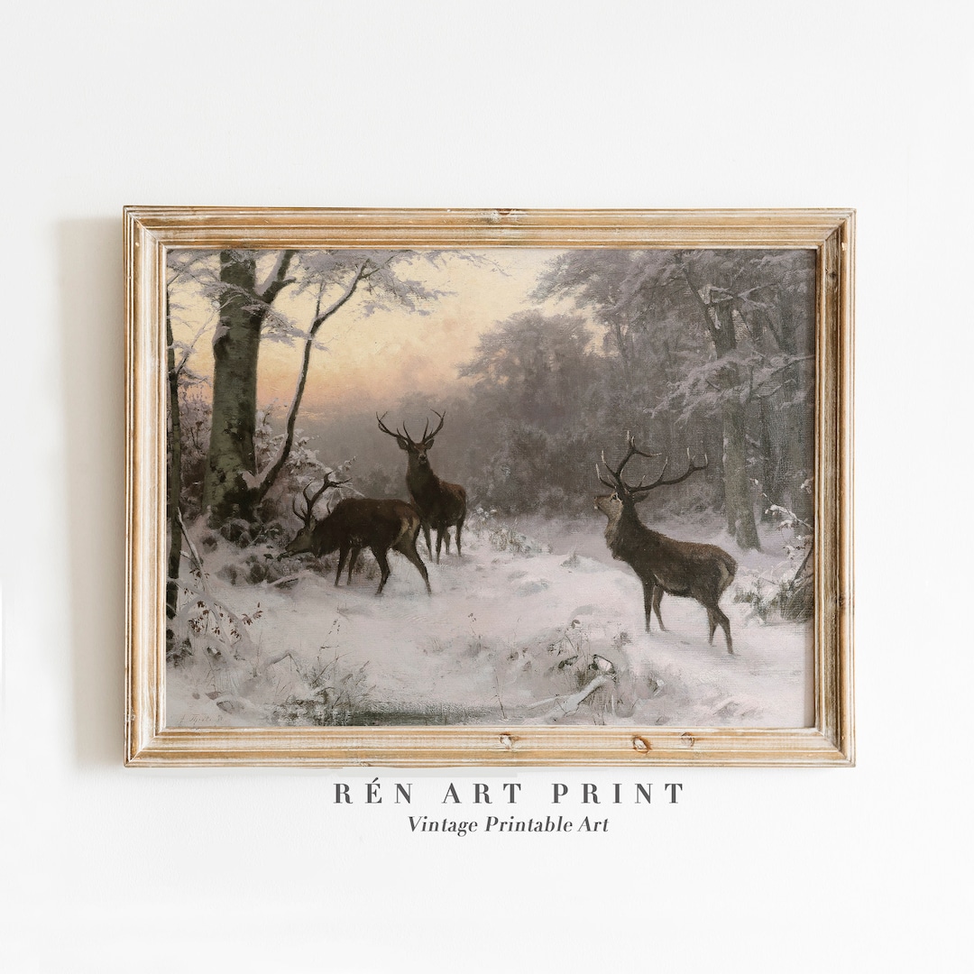 Antique Deer Printable Wall Art Vintage Winter Landscape Painting ...