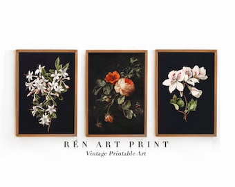Dark Floral Botanical Print Set | Moody Academia Wall Art (Digital Download)