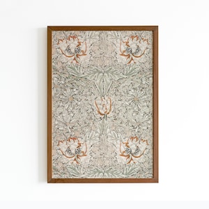 May include: A framed print of a floral pattern with a repeating design of stylized flowers and leaves in shades of brown, green, and white.