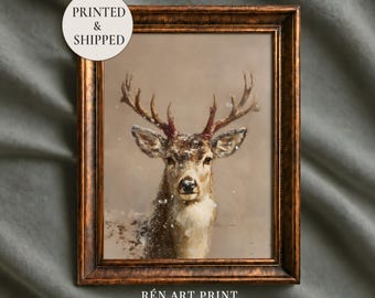 Vintage Reindeer Painting: Rustic Christmas Wall Art (Printed & Shipped)