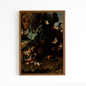 May include: A framed oil painting depicting a still life with mushrooms, butterflies, and birds in a forest setting. The painting features a variety of colors, including browns, greens, and blues.