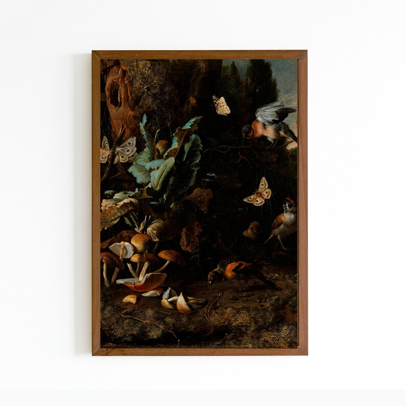 May include: A framed oil painting depicting a still life with mushrooms, butterflies, and birds in a forest setting. The painting features a variety of colors, including browns, greens, and blues.