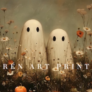 May include: An art print featuring two white ghost figures with black oval eyes, standing in a field of wildflowers. The scene includes daisies, orange poppies, and a small pumpkin. The text "REN ART PRINT" is at the bottom.