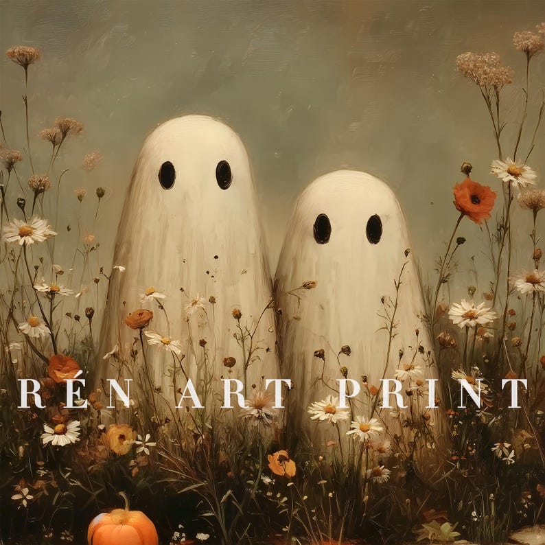 May include: An art print featuring two white ghost figures with black oval eyes, standing in a field of wildflowers. The scene includes daisies, orange poppies, and a small pumpkin. The text "REN ART PRINT" is at the bottom.