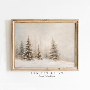 May include: A vintage painting of a snowy forest scene with tall pine trees in a muted color palette. The painting is framed in a light wood frame.