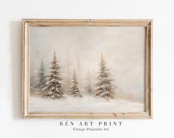 Neutral Christmas Wall Art | Vintage Winter Print | Pine Tree Painting | Beige Christmas Printable | Winter Landscape Holiday Wall Decor
