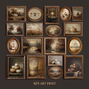 May include: A collection of sixteen framed art prints featuring various landscapes, still life scenes with pumpkins and fruit, and wildlife illustrations. Each piece is enclosed in a decorative gold frame, arranged in a grid with the text REN ART PRINT.